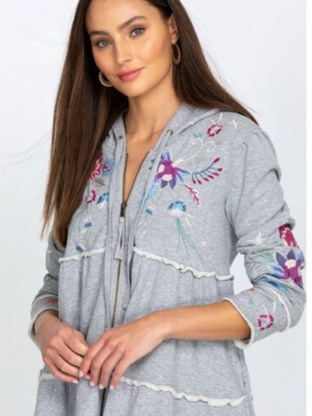 Johnny Was Phoebe Tiered Grey Floral Embroidered Zip-Up Hoodie - Women Size XXL